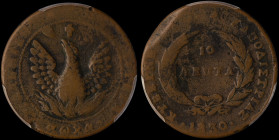 GREECE: 10 Lepta (1830) (type B.2) in copper. Phoenix (big) within pearl circle on obverse. Variety "305-Y2.y" (Rare) by Peter Chase. Inside slab by P...