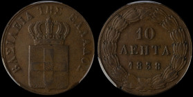 GREECE: 10 Lepta (1838) (type I) in copper. Royal coat of arms and inscription "ΒΑΣΙΛΕΙΑ ΤΗΣ ΕΛΛΑΔΟΣ" on obverse. Inside slab by PCGS "XF 45". Cert nu...