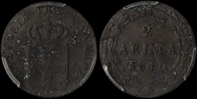 GREECE: 2 Lepta (1840) (type I) in copper. Royal coat of arms and inscription "ΒΑΣΙΛΕΙΑ ΤΗΣ ΕΛΛΑΔΟΣ" on obverse. Inside slab by PCGS "XF Detail / Envi...