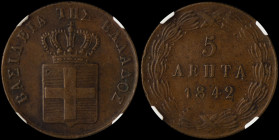 GREECE: 5 Lepta (1842) (type I) in copper. Royal coat of arms and inscription "ΒΑΣΙΛΕΙΑ ΤΗΣ ΕΛΛΑΔΟΣ" on obverse. Inside slab by NGC "AU 58 BN". Cert n...