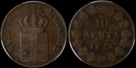 GREECE: 10 Lepta (1843) (type I) in copper. Royal coat of arms and inscription "ΒΑΣΙΛΕΙΑ ΤΗΣ ΕΛΛΑΔΟΣ" on obverse. Inside slab by PCGS "VF 30". Cert nu...