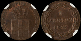 GREECE: 1 Lepton (1846) (type II) in copper. Royal coat of arms and inscription "ΒΑΣΙΛΕΙΟΝ ΤΗΣ ΕΛΛΑΔΟΣ" on obverse. Inside slab by NGC "MS 63 BN". Cer...