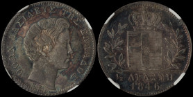 GREECE: 1/2 Drachma (1846) (type I) in silver (0,900). Head of King Otto facing right and inscription "ΟΘΩΝ ΒΑΣΙΛΕΥΣ ΤΗΣ ΕΛΛΑΔΟΣ". Inside slab by NGC ...