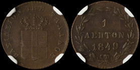 GREECE: 1 Lepton (1849) (type III) in copper. Royal coat of arms and inscription "ΒΑΣΙΛΕΙON ΤΗΣ ΕΛΛΑΔΟΣ" on obverse. Inside slab by NGC "MS 62 BN". Ce...
