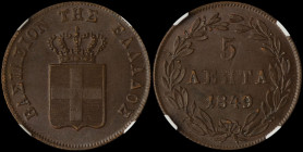 GREECE: 5 Lepta (1849) (type III) in copper. Royal coat of arms and inscription "ΒΑΣΙΛΕΙΟΝ ΤΗΣ ΕΛΛΑΔΟΣ" on obverse. Inside slab by NGC "MS 62 BN". Cer...