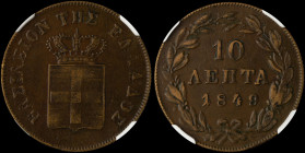 GREECE: 10 Lepta (1849) (type III) in copper. Royal coat of arms and inscription "ΒΑΣΙΛΕΙΟΝ ΤΗΣ ΕΛΛΑΔΟΣ" on obverse. Inside slab by NGC "XF 40 BN / SM...