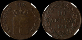 GREECE: 10 Lepta (1849/8) (type III) in copper. Royal coat of arms and inscription "ΒΑΣΙΛΕΙΟΝ ΤΗΣ ΕΛΛΑΔΟΣ" on obverse. Inside slab by NGC "FINE DETAIL...