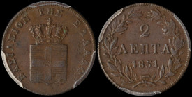 GREECE: 2 Lepta (1851) (type IV) in copper. Royal coat of arms and inscription "ΒΑΣΙΛΕΙΟΝ ΤΗΣ ΕΛΛΑΔΟΣ" on obverse. Inside slab by PCGS "AU 58". Cert n...