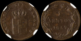 GREECE: 1 Lepton (1857) (type IV) in copper. Royal coat of arms and inscription "ΒΑΣΙΛΕΙΟΝ ΤΗΣ ΕΛΛΑΔΟΣ" on obverse. Inside slab by NGC "MS 62 BN". Cer...
