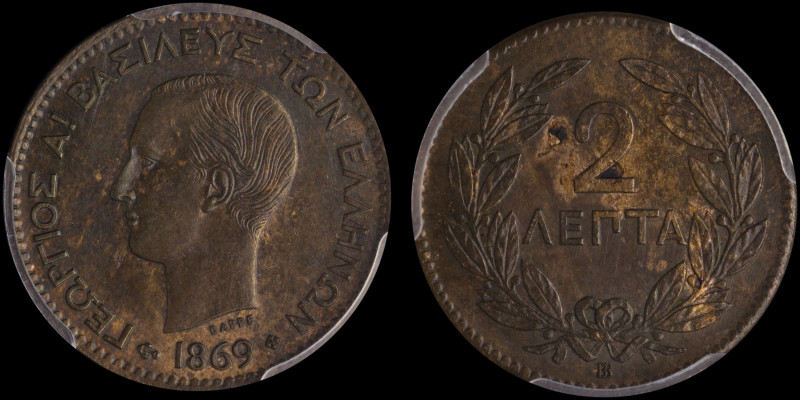 GREECE: 2 Lepta (1869 BB) (type I) in copper. Head of King George I facing left ...