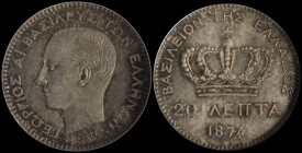 GREECE: 20 Lepta (1874 A) (type I) in silver (0,835). Head of King George I facing left and inscription "ΓΕΩΡΓΙΟΣ Α! ΒΑΣΙΛΕΥΣ ΤΩΝ ΕΛΛΗΝΩΝ" on obverse....