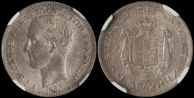 GREECE: 1 Drachma (1883 A) (type I) in silver (0,835). Head of King George I facing left and inscription "ΓΕΩΡΓΙΟΣ Α! ΒΑΣΙΛΕΥΣ ΤΩΝ ΕΛΛΗΝΩΝ" on obverse...