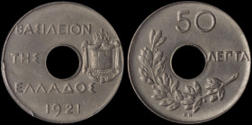 GREECE: 50 Lepta (1921 KN) in copper-nickel. Royal crown and inscription "ΒΑΣΙΛΕΙΟΝ ΤΗΣ ΕΛΛΑΔΟΣ" on obverse. Mintmark KN (Kings Norton Mint) below bra...