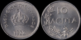 GREECE: 10 Lepta (1922) in aluminum. Royal crown and inscription "ΒΑΣΙΛΕΙΟΝ ΤΗΣ ΕΛΛΑΔΟΣ" on obverse. Inside slab by PCGS "MS 65 / Thin Planchet". Cert...