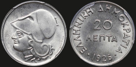 GREECE: 20 Lepta (1926) in copper-nickel. Head of Goddess Athena facing left on obverse. Inside slab by PCGS "MS 66". Cert number: 44976437. (Hellas 1...