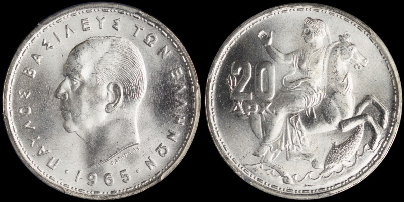 GREECE: 20 Drachmas (1965) in silver (0,835). Head of King Paul facing left and ...