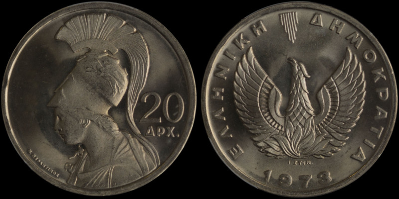 GREECE: 20 Drachmas (1973) in copper-nickel. Phoenix and inscription "ΕΛΛΗΝΙΚΗ Δ...