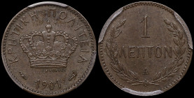 GREECE: 1 Lepton (1901 A) in bronze. Royal crown and inscription "ΚΡΗΤΙΚΗ ΠΟΛΙΤΕΙΑ" on obverse. Inside slab by PCGS "MS 62 BN". Cert number: 46230661....