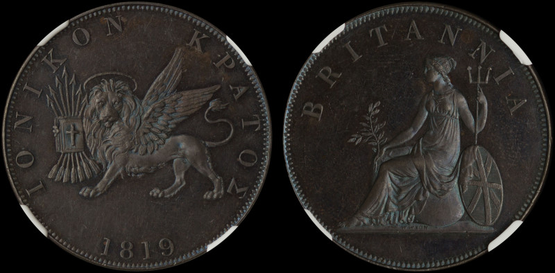 GREECE: 2 Obols (1819) in copper. The lion of St Mark and inscription "ΙΟΝΙΚΟΝ Κ...