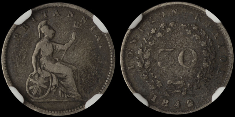 GREECE: 30 new Obols (1849) in silver. Seated Britannia on obverse. Coin alignme...