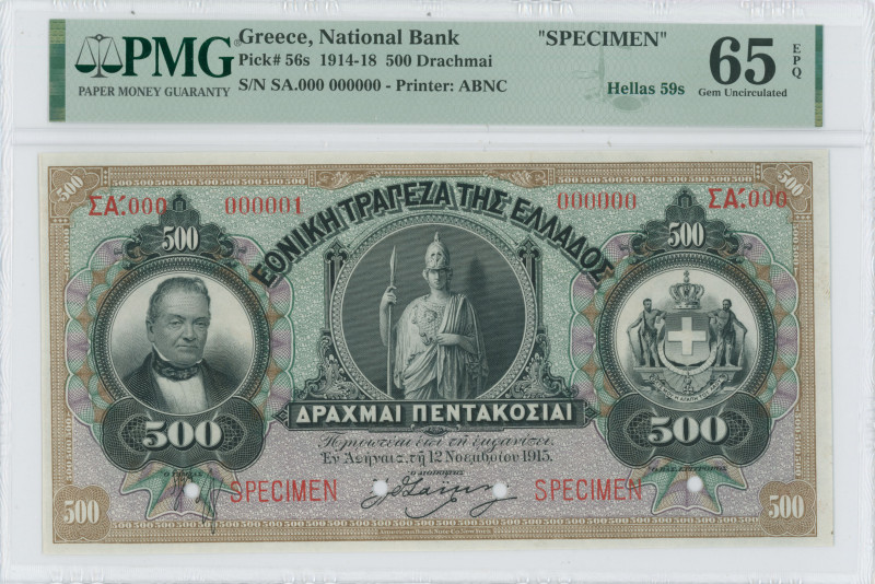 GREECE: Specimen of 500 Drachmas (12.11.1915) in black on brown, green and viole...