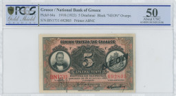 GREECE: 5 Drachmas (1922 NEON issue / old date 26.8.1918) in black on red and multicolor unpt. Portrait of G Stavros at left and coat of arms of King ...