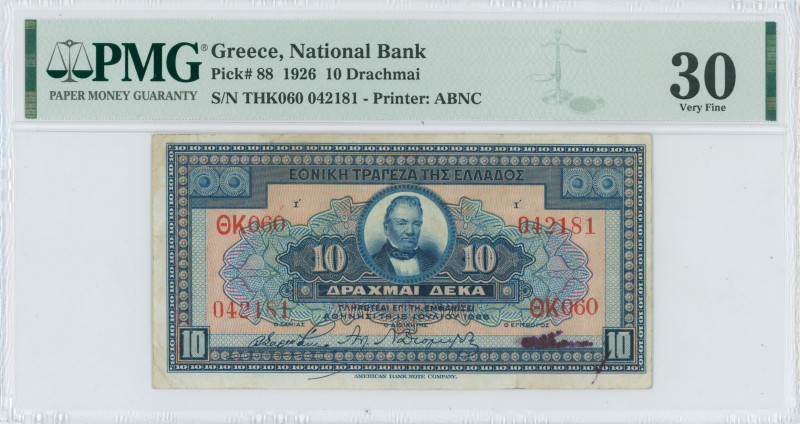 GREECE: 10 Drachmas (15.7.1926) in blue on yellow and orange unpt. Portrait of G...