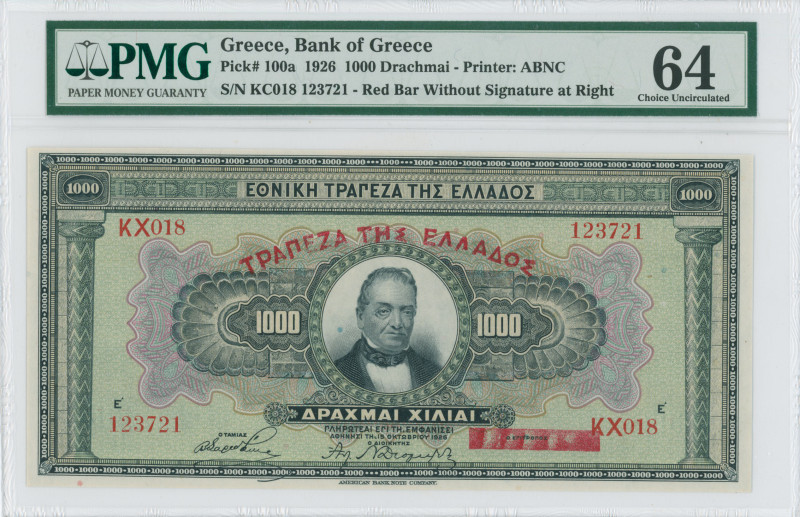 GREECE: 1000 Drachmas (ND 1928 / old date 15.10.1926) in black on green and mult...