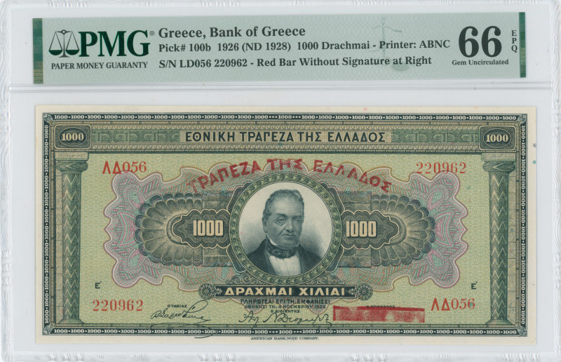 GREECE: 1000 Drachmas (ND 1928 / old date 4.11.1926) in black on green and multi...