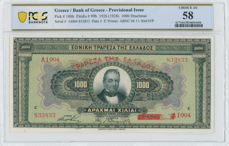 GREECE: 1000 Drachmas (ND 1928 / old date 4.11.1926) in black on green and multi...