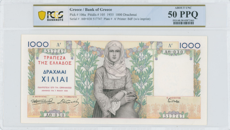 GREECE: 1000 Drachmas (1.5.1935) in multicolor. Young girl wearing traditional c...