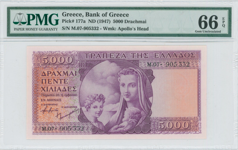 GREECE: 5000 Drachmas (ND 1947) in purple on multicolor unpt. Personification of...