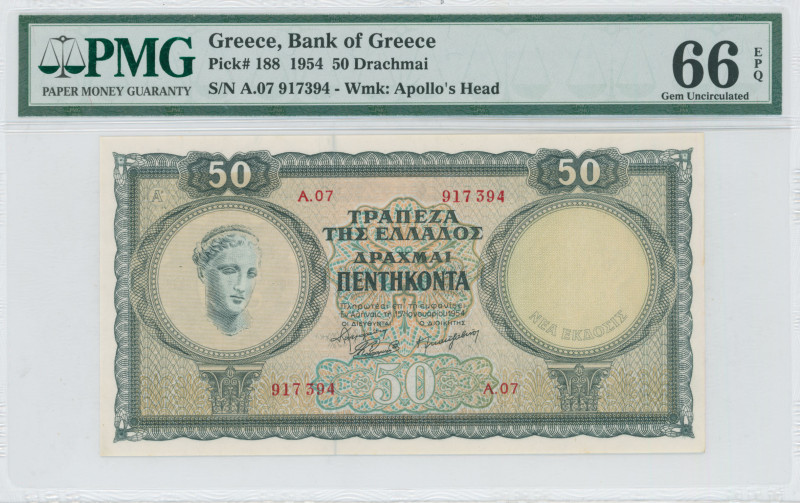 GREECE: 50 Drachmas (15.1.1954) in deep green and green on orange and blue unpt....