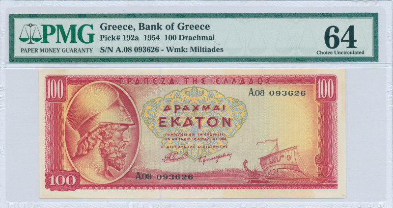 GREECE: 100 Drachmas (31.3.1954) in red on yellow and green unpt. Themistocles a...