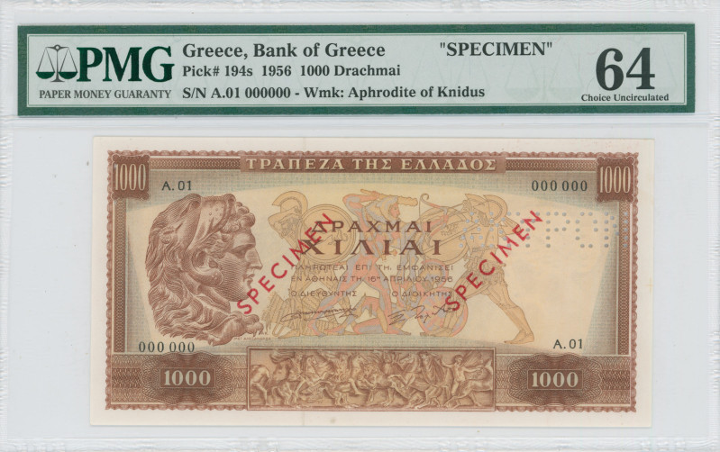 GREECE: Specimen of 1000 Drachmas (16.4.1956) in light brown on ochre, blue and ...