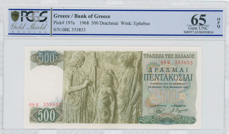 GREECE: 500 Drachmas (1.11.1968) in green and dark green on multicolor unpt. God...