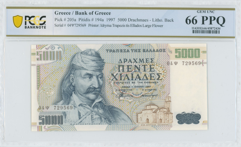 GREECE: 5000 Drachmas (1.6.1997) in dark blue on multicolor unpt. Theodoros Kolo...