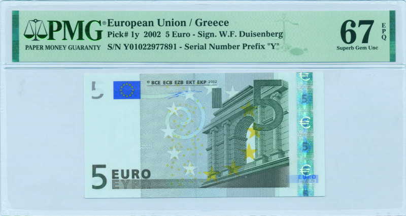 GREECE: 5 Euro (2002) in gray and multicolor. Gate in classical architecture at ...