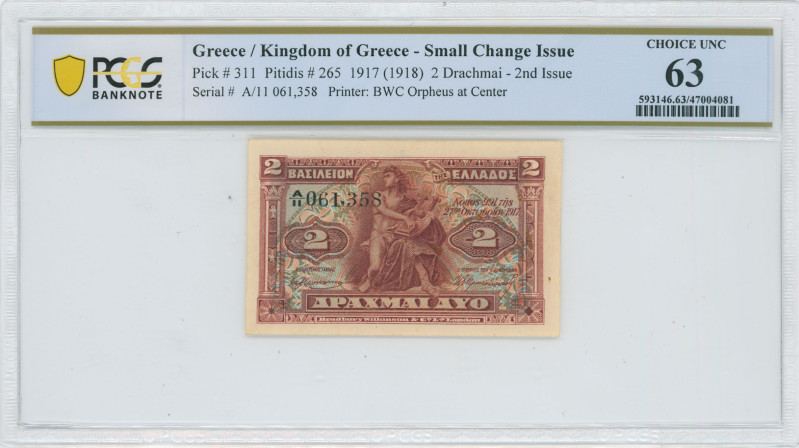 GREECE: 2 Drachmas (ND 1922) in dark red on multicolor unpt. Orpheus with lyre a...