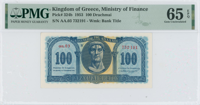 GREECE: 100 Drachmas (1.11.1953) in blue on yellow unpt. Constantine the Great a...