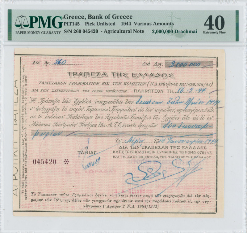 GREECE: 2 million Drachmas (14.1.1944) Agricultural treasury bond (4th issue), h...