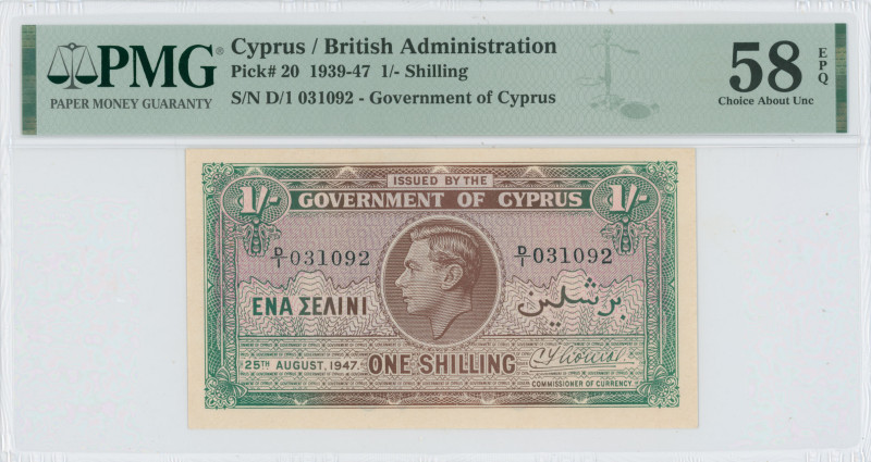 CYPRUS: 1 Shilling (25.8.1947) in brown and green. Portrait of King George VI at...