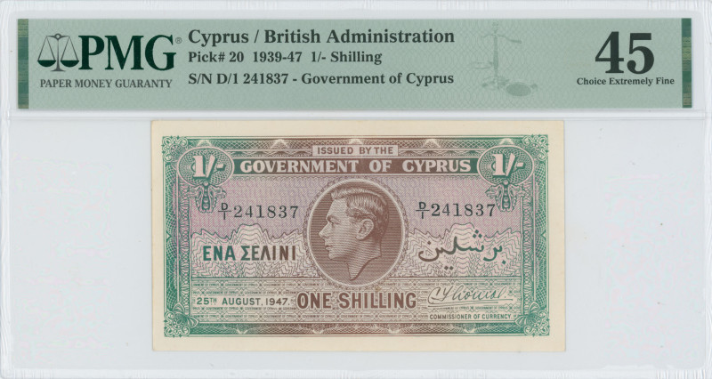 CYPRUS: 1 Shilling (25.8.1947) in brown and green. Portrait of King George VI at...