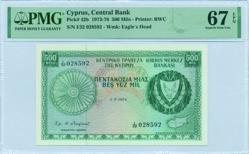 CYPRUS: 500 Mils (1.6.1974) in green on multicolor unpt. Coat of arms at right a...