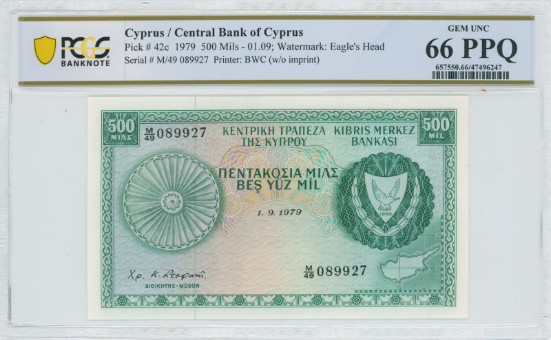 CYPRUS: 500 Mils (1.9.1979) in green on multicolor unpt. Coat of arms at right a...