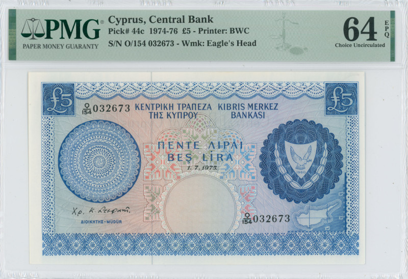 CYPRUS: 5 Pounds (1.7.1975) in blue on multicolor unpt. Coat of arms at right an...