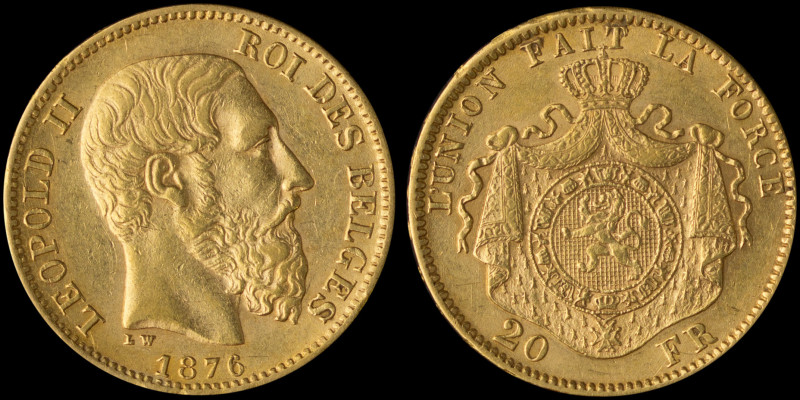 BELGIUM: 20 Francs (1876) in gold (0,900). Head of Leopold II with finer beard f...