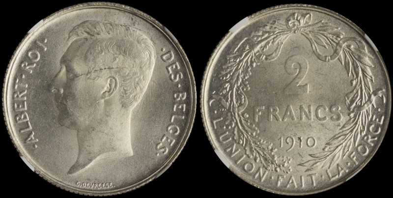 BELGIUM: 2 Francs (1910) in silver (0,835). Head of Albert facing left on obvers...