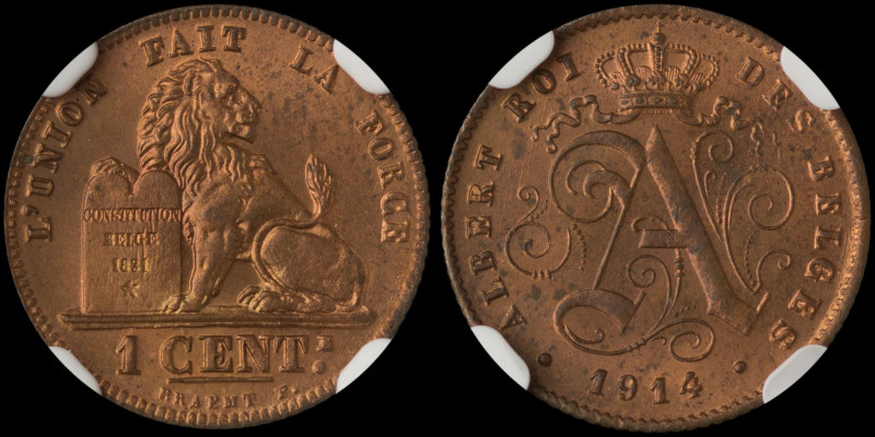 BELGIUM: 1 Centime (1914) in copper. Crowned letter "A", date below and legend i...