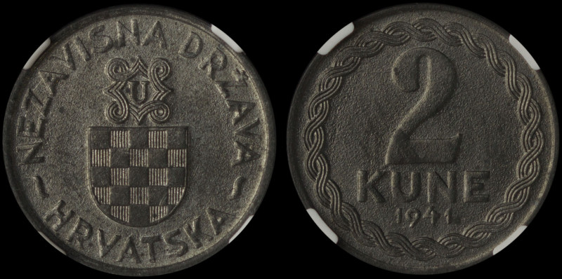 CROATIA: 2 Kune (1941) in zinc. Coat of arms on obverse. Denomination on reverse...